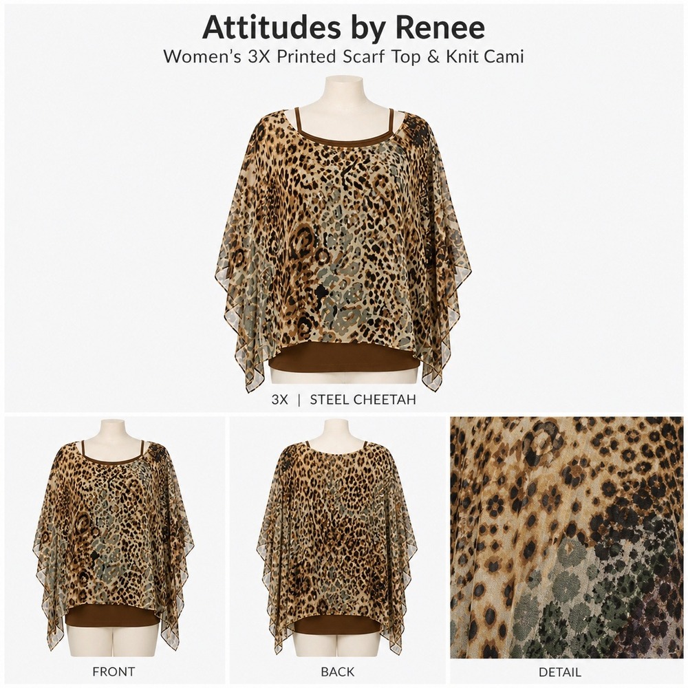 Attitudes by Renee Womens 3X Printed Scarf Top & Knit Cami Steel Cheetah A231683
